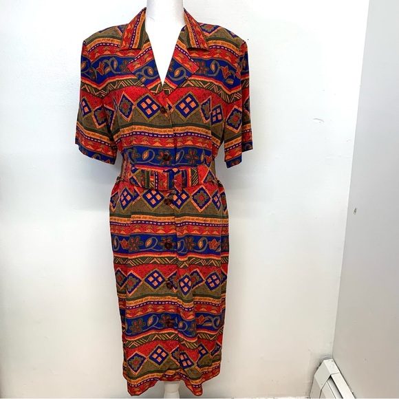 Vintage 90s Silk Dress 10 Button Front  Belt Southwest Print Shift Lightweight - Picture 1 of 8